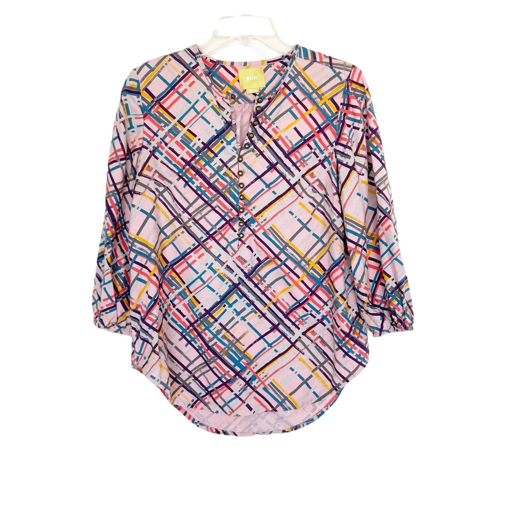Anthropologie Pastel Pink Multicolor Plaid Henley Blouse